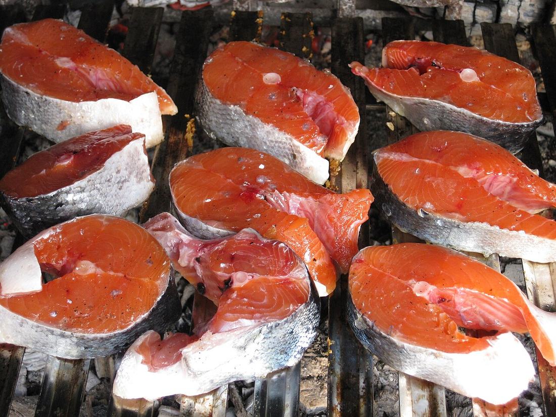 Salmon steaks on a grill, CC0 1.0